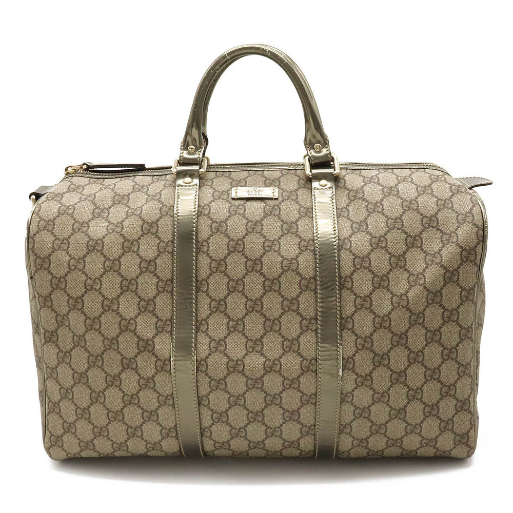 Gucci GG Supreme Plus Boston Bag Travel Metallic Leather Beige Brown Cream Gold